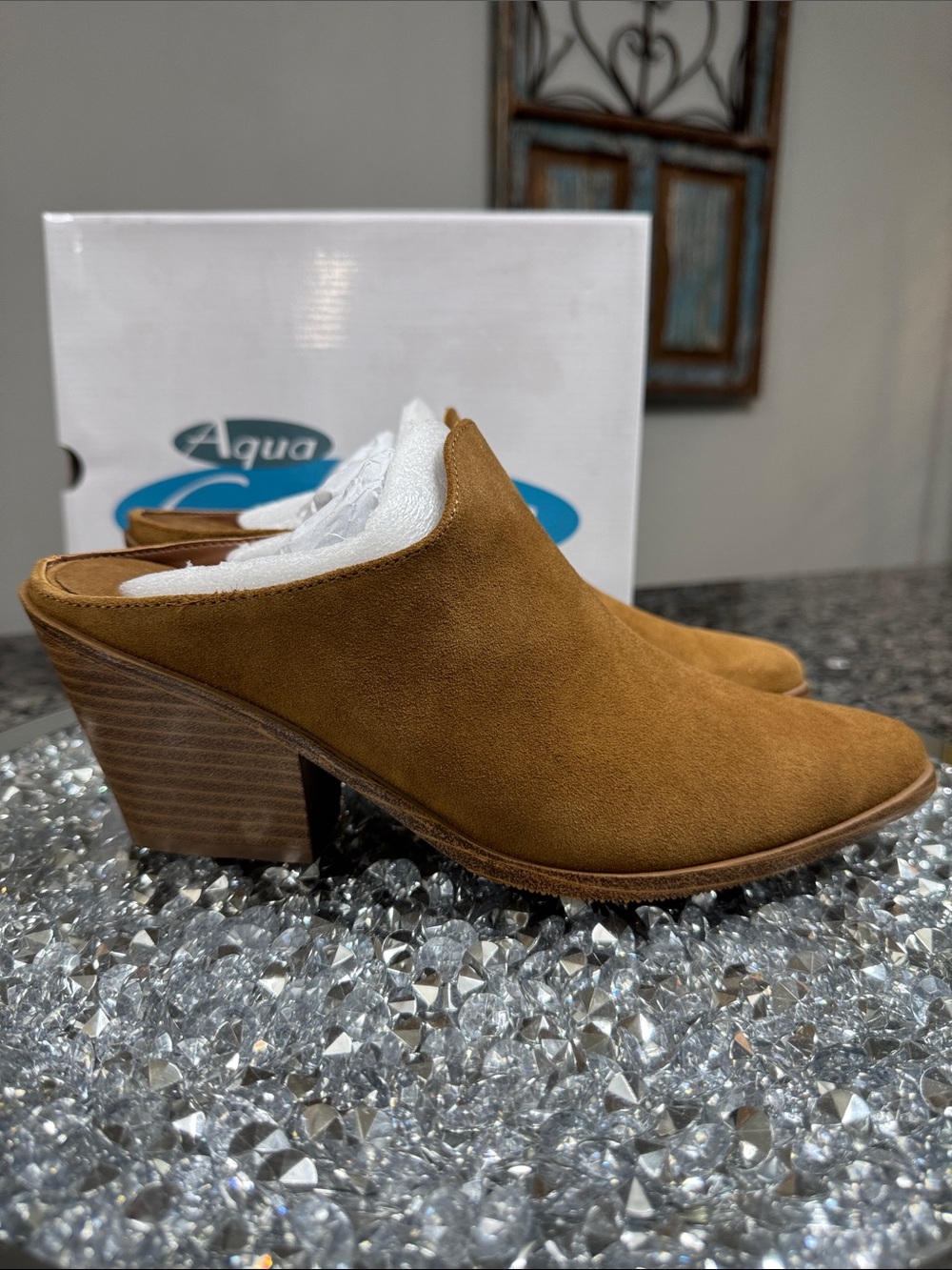 Aqua waterproof Suede Mule Heels in Cognac Brown NEW 9
